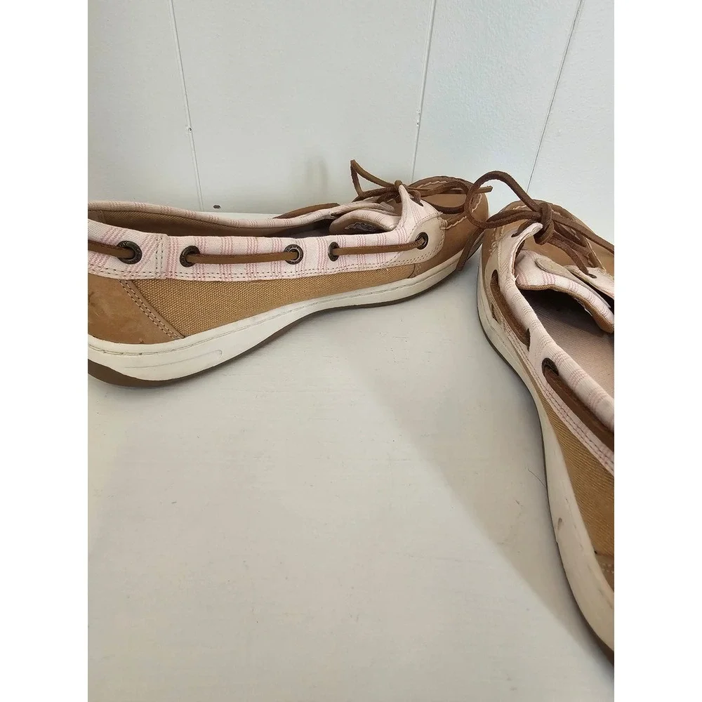 Sperry Boat Shoes Womens 9.5 Tan Pink Striped Leather Nautical STS88624